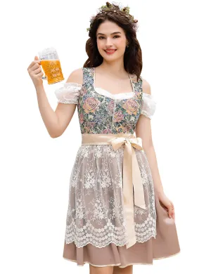 Women 3 Pieces Bavarian Oktoberfest Dirndl Dress Champagne 2XL Traditional Vintage German Costume