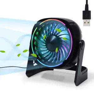RGB Small USB Desk Fan, 6 Inch Small Fan with 8 Light Modes, Mini USB Fan with 3 Speeds, 60 Inch Cord, 360° Rotation, Quiet Operation, Portable Desk Fan for Rooms, Offices, Car, Travel