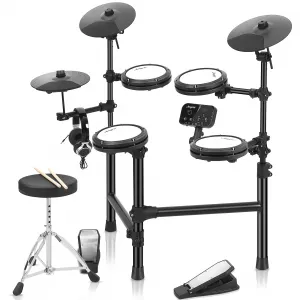 Electric Drum Set, Electronic Drum Set for Beginner with 150 Sounds, Drum Set for kids with 4 Quiet Electric Drum Pads, 2 Switch Pedal, Drum Throne, Drumsticks, On-Ear Headphones
