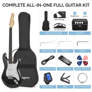 Beginner-Friendly 39 Inch Electric Guitar Kit – Full Size Sturdy Body, SSS Pickups, Complete Starter Pack: Amplifier, Digital Tuner, Extra Strings, 4 Picks, Tremolo Bar, Strap, Gig Bag – Black