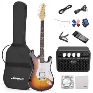 39" Full Size Electric Guitar Starter Kit – HSS Durable Body – Amp, Bag, Capo, Strap, Strings, Tuner, Cable, Picks – Perfect for Adult Beginners – Sunset Color