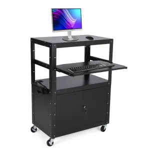 Rolling AV Cart with Locking Cabinet, Laptop Stand, Height Adjustable Mobile Utility Cart Workstation with Extra Storage Space, Power Strip
