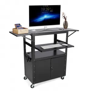 46'' x 19'' Height Adjustable Rolling AV Cart with Locking Cabinet, Laptop Stand, Drop Leaves, Mobile Utility Workstation for Office and Classroom, Extra Storage Space and Power Strip, Black