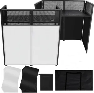 Portable DJ Facade Booth, 52" L x 26" W DJ Facade Table with Black and White Lighting Scrims, Foldable DJ Table Station Black Metal Frame DJ Table with Adjustable Feet