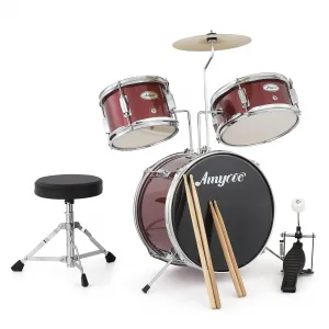 3-Piece Drum Set - Beginner Musical Instrument with Cymbal, Tom, Bass Drum, Drumsticks, Bass Pedal, and Drum Stool (Red)
