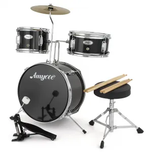 3-Piece Junior Drum Set for Beginners – Percussion Kit with Bass Drum, Snare, Tom, Cymbal, Drumsticks, Stool & Pedal – Musical Instrument Gift for Kids Ages 4-12 – Black