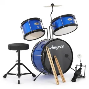 3 Piece Kids Drum Set with Cymbal & Pedal, Beginner Junior Kit, Wood & Metal, Compact Design, Blue, Playroom Suitable