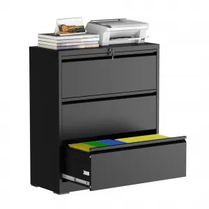 3 Drawer Lateral File Cabinet, Metal Filing Cabinet with Lock for Home Office, Wide Steel Storage Cabinet Commercial Drawer Cabinets for Legal/Letter/A4 Size Files Assembly Required