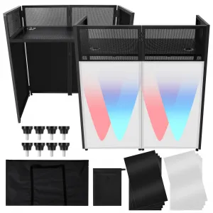 DJ Facade Portable Booth Table with White & Black Lighting Scrim, 50" DJ Stand Booth, Foldable DJ Table Station with Adjustable DJ Event Facade Feet for Party, Metal Frame