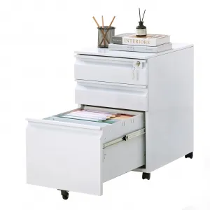 Rolling File Cabinet, 3 Drawer Mobile Filing Cabinet with Lock & Anti-Tip Wheel, Under Desk Metal Filing Cabinets for Home Office Organizer Letters/Legal/A4, White