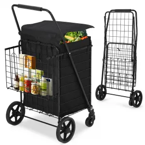 Heavy Duty Folding Shopping Cart with Waterproof Liner, Dual Basket, 360° Swivel Wheels, 600D Oxford Cloth, Portable & Collapsible, Large Capacity for Grocery & Camping