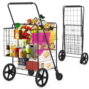Large Folding Shopping Cart with Wheels - Heavy Duty, Double Basket - Q235 Steel Frame - Portable, Collapsible, Locking Latch - Laundry, Camping, Grocery