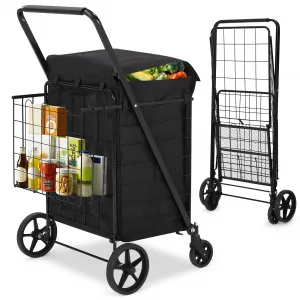 Jumbo 200LB Folding Cart - Dual Basket w/Waterproof Liner, 360° Swivel Wheels for Grocery, Laundry & Camping (Oxford Cloth)