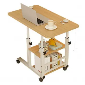 31.4in Height Adjustable Mobile Computer Table with Wheels, Tiltable Desktop, Small Overbed Tables, End Table with Storage Shelves, Waterproof, Easy Assembly, Home Office Use, Walnut