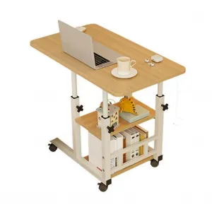 Height Adjustable Mobile Computer Table with Wheels, Tiltable Desktop, Small Overbed Tables, End Table with Storage Shelves, Waterproof, Easy Assembly, Home Office Use
