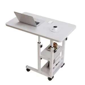 Height Adjustable Mobile Computer Table with Wheels, Tiltable Desktop, Small Overbed Tables, End Table with Storage Shelves, Waterproof, Easy Assembly, Home Office Use, White