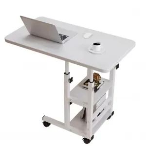 31.4in Height Adjustable Mobile Computer Table with Wheels, Tiltable Desktop, Small Overbed Tables, End Table with Storage Shelves, Waterproof, Easy Assembly, Home Office Use, White
