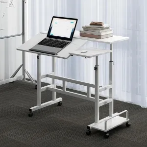Portable Standing Desk Adjustable Height 26.4"-61", Mobile Computer Desk with Wheels, Tiltable Top & CPU Stand, Rolling Laptop Table Cart for Home Office, White