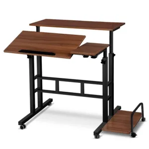 Mobile Liftable Standing Desk, Portable Rolling Desk Small Computer Table, Adjustable Height Mobile Stand Up Table with Wheels for Home Office School, Dark Walnut