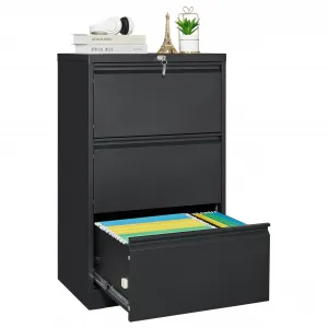 3 Drawer File Cabinet with Lock, Metal Lateral File Cabinets for Home Office, Steel Wide Filing Organization Storage Cabinets for Hanging Files Letter/Legal/F4/A4 Size, Black