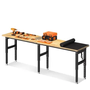96"x24" Adjustable Workbench, 5,500 lbs Capacity Heavy-Duty Steel Frame with Rubber Wood Top, Dual Power Outlets & Pegboards for Garage & Workshop