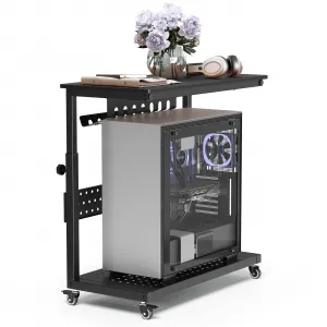 28" Computer Tower Stand, 2-Tier 11 Level Height Adjustable PC Stand with Line Storage Rack, Mobile Rolling CPU Holder, Perfect for Office, Laptop Desk(22.83"-34.1"), Rustic Black