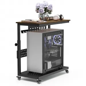 28" Computer Tower Stand, 2-Tier 11 Level Height Adjustable PC Stand with Line Storage Rack, Mobile Rolling CPU Holder, Perfect for Office, Laptop Desk(22.83"-34.1"), Rustic Brown