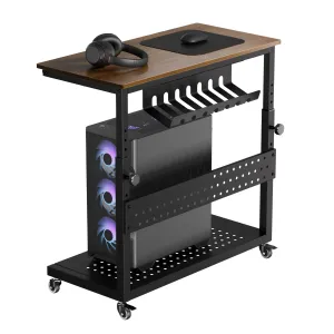 Adjustable 2-Tier Mobile Computer Tower Stand with Cable Management, Rolling CPU Holder Cart Under Desk, End Table for  Office & Home Use, Fits PC Tower/Printer, Walnut Color