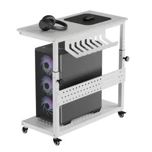 Adjustable 2-Tier Mobile Computer Tower Stand with Cable Management, Rolling CPU Holder Cart Under Desk, End Table for  Office & Home Use, Fits PC Tower/Printer, White