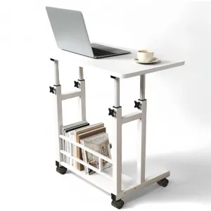 Adjustable Height Mobile Computer Desk for Small Space, Portable Rolling Writing Table with Wheels Lockable Casters, Corner Home Office Study Work Standing Desk for Bedrooms, White