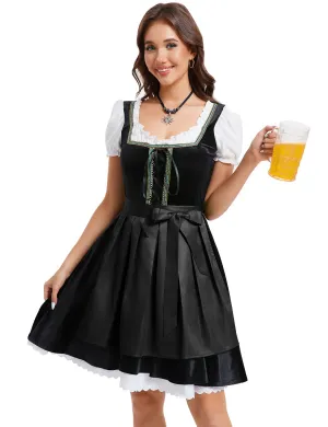 Womens Dirndl Dress Velvet Color Block Apron Drawstring 2 Piece Beer Bavarian German Oktoberfest Dress Black L