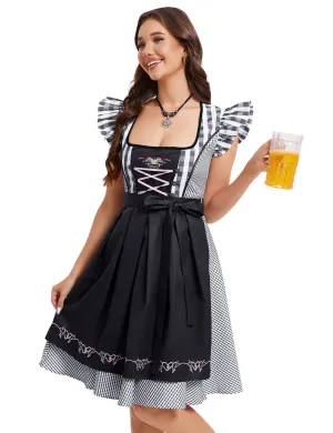 Women's 2-Piece Oktoberfest Dirndl Dress Square Neck Puff Sleeve Plaid Skirt Black Apron Beer Festival Outfit M Black