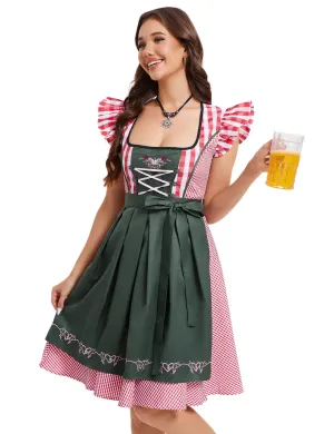 Women's 2-Piece Oktoberfest Dirndl Dress Square Neck Puff Sleeve Plaid Skirt With Embroidered Apron Beer Festival Outfit Red 3XL