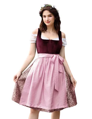 Women Oktoberfest Costumes 3 Pieces Velvet Traditional Bavarian Vintage German Dirndl Dress Red 2XL