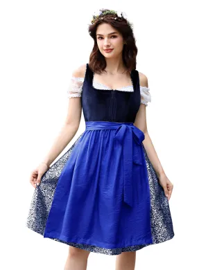 Women Oktoberfest Costumes 3 Pieces Velvet Traditional Bavarian Vintage German Dirndl Dress Navy Blue XL