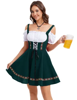 Womens German Dirndl Dress Velvet Embroidery Bavarian Oktoberfest Halloween Dark Green M