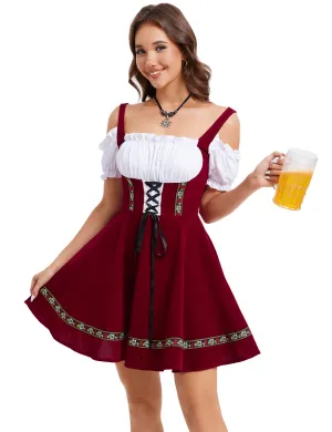 Womens 1 Piece Dirndl Dress Beer Bavarian Oktoberfest Costume Wine Red XL