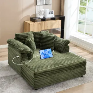 Oversized Chaise Lounge Chair, Upholstered Sofa Bed with USB Port Throw Pillows Supportive Armrests, Indoor Comfy Corduroy Cloud Sleeper Couch for Living Room, Green