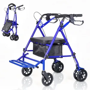 Lightweight 2-in-1 Rollator Walker & Wheelchair for Adults & Seniors, Adjustable Height, Carbon Steel Frame, 6" Wheels, Underseat Storage, Portable Mobility Aid, Blue