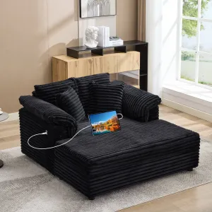 Oversized Chaise Lounge Chair, Upholstered Sofa Bed with USB Port Throw Pillows Supportive Armrests, Indoor Comfy Corduroy Cloud Sleeper Couch for Living Room, Black