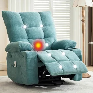 Swivel Rocker Recliner Chair with Massage and Heat for Elderly Adults, Oversized Ergonomic Lounge Single Sofa with Side Pocket, Cup Holders for Living Room, Bedroom, Blue