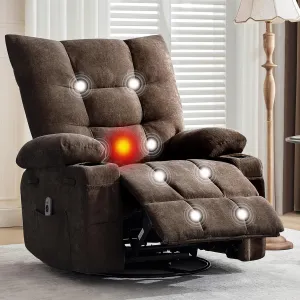 Swivel Rocker Recliner Chair with Massage and Heat for Elderly Adults, Oversized Ergonomic Lounge Single Sofa with Side Pocket, Cup Holders for Living Room, Bedroom, Brown
