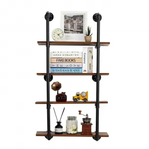 Industrial Pipe Shelving Wall Mounted 30in Metal Floating Shelves Steampunk Real Wood Book Shelves 4 Tier Black