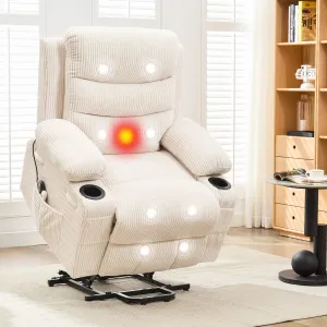 Power Lift Recliner Chair for Elderly, Oversized Electric Lift Chair with Heat and Massage, Corduroy Adjustable Recliner with Cup Holders & Side Pocket for Living Room, Corduroy Beige