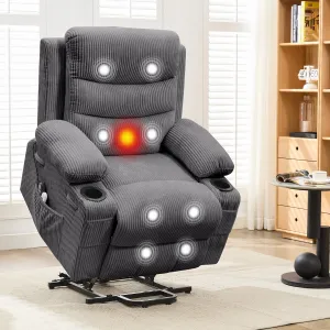 Power Lift Recliner Chair for Elderly, Oversized Electric Lift Chair with Heat and Massage, Corduroy Adjustable Recliner with Cup Holders & Side Pocket for Living Room, Corduroy Gray