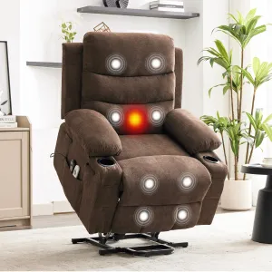 Power Lift Recliner Chair for Elderly, Oversized Electric Lift Chair with Heat and Massage, Corduroy Adjustable Recliner with Cup Holders & Side Pocket for Living Room, Linen Brown