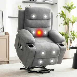 Power Lift Recliner Chair for Elderly, Oversized Electric Lift Chair with Heat and Massage, Corduroy Adjustable Recliner with Cup Holders & Side Pocket for Living Room, Linen Gray