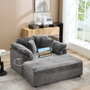 Oversized Chaise Lounge Chair, Upholstered Sofa Bed with USB Port Throw Pillows Supportive Armrests, Indoor Comfy Corduroy Cloud Sleeper Couch for Living Room, Gray