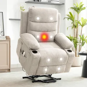 Power Lift Recliner Chair for Elderly, Oversized Electric Lift Chair with Heat and Massage, Corduroy Adjustable Recliner with Cup Holders & Side Pocket for Living Room, Linen Beige
