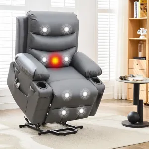 Power Lift Recliner Chair for Elderly, Oversized Electric Lift Chair with Heat and Massage, Corduroy Adjustable Recliner with Cup Holders & Side Pocket for Living Room, PU Leather Gray